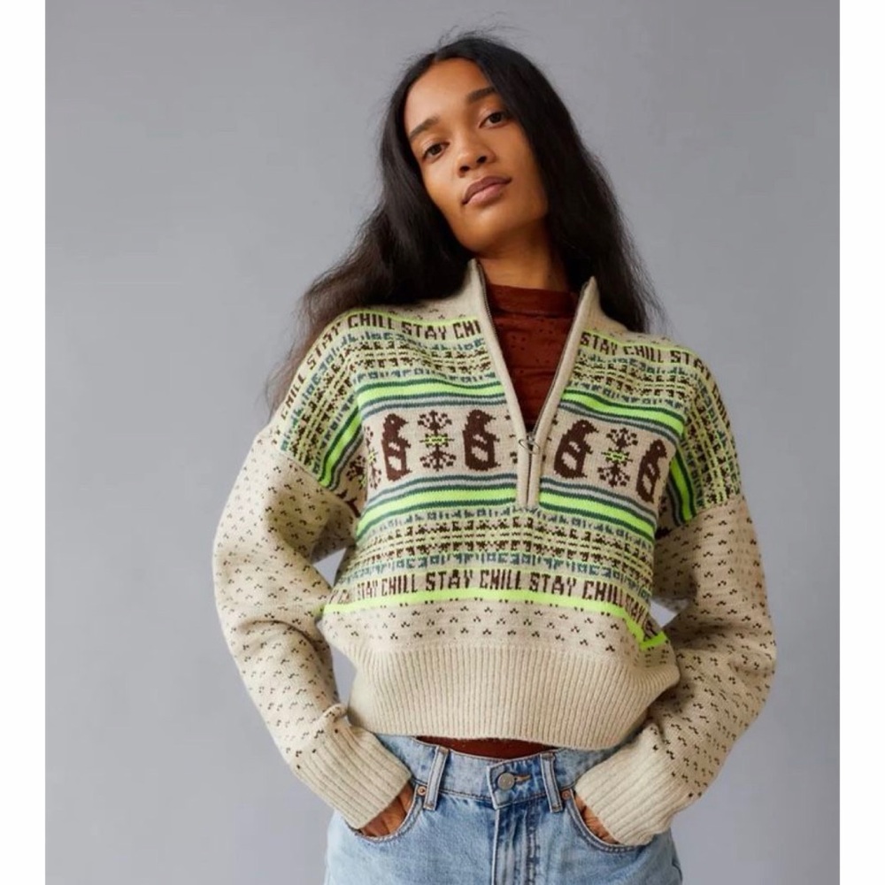 Urban Outfitters BDG Jesse Half Zip Sweater - Stay Chill Penguin Fair Isle
